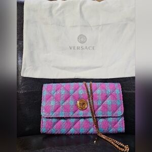 Versace La Medusa Boucle Quilted Tweed Clutch Wallet on Chain Shoulder Bag